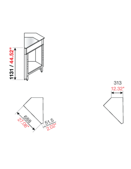 Angolo squadrato 45° - Piano inox - Predisposizione bancalina - cm 68.8 x 31.3 x 113.1h