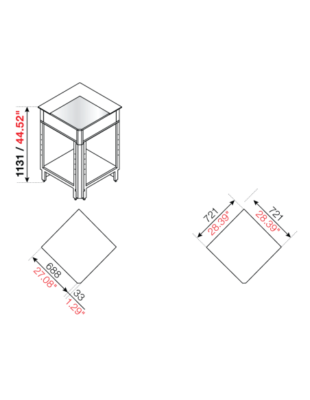 Square angle 90° - Stainless steel plan - Stalin preparation - cm 68.8 x 72.1 x 113.1h