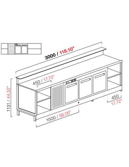 Banco bar - Linear - Refrigerado - N.2 puertas + 3 habitaciones - cm 300 x 68.8 x 113.1 h