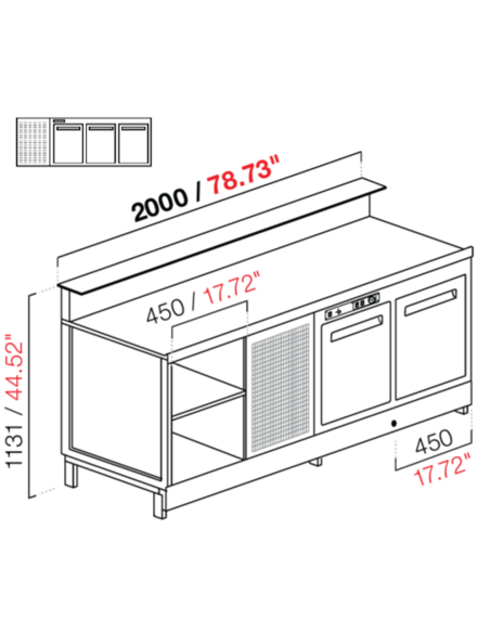 Banco bar - Linear - Refrigerado - N.3 puertas - cm 200 x 68.8 x 113.1 h