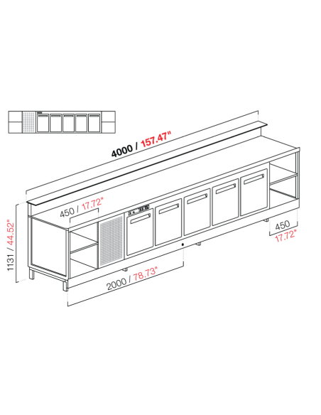 Banco bar - Linear - Refrigerado - N.5 puertas + 2 habitaciones - cm 400 x 68.8 x 113.1 h