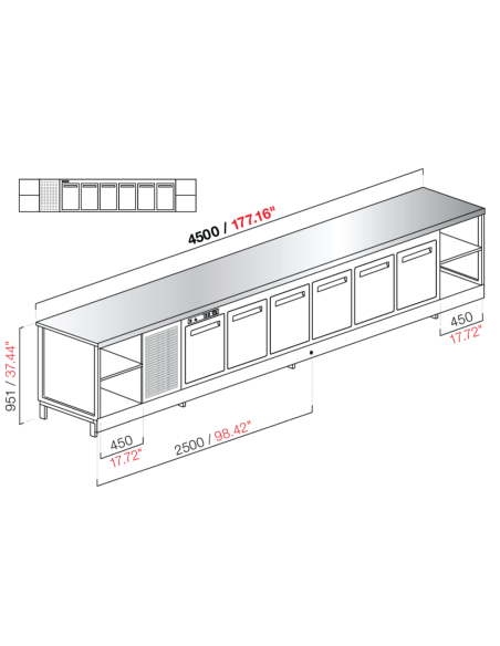 Banco bar - Refrigerato - N. 6 porte + 2 vani - Piano inox - cm 450 x 68.8 x 95.1 h