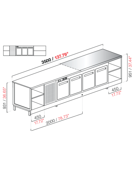 Banco bar - Refrigerated - N. 3 doors + 3 rooms - Stainless steel top - cm 350 x 68.8 x 95.1 h