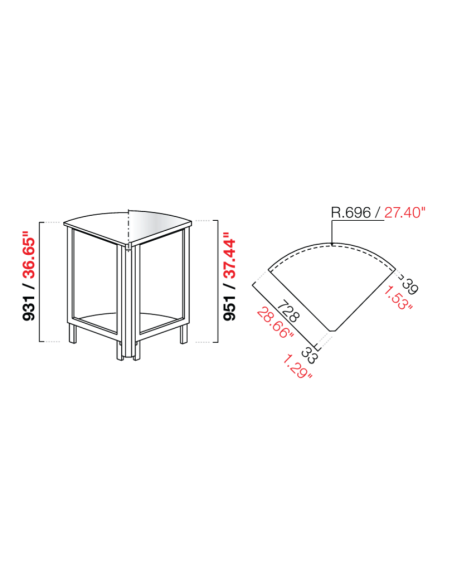 Angolo curvo 90° - Piano inox - Dimensioni cm 72.8 x 72.8 x 95.1 h