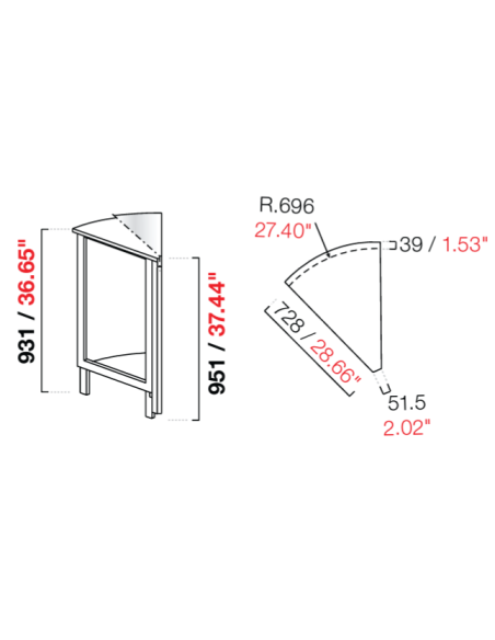 Angolo curvo 45° - Piano inox - Dimensioni cm 72.8 x 72.8 x 95.1 h