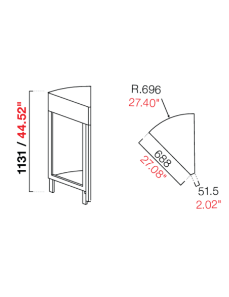 Angolo curvo 45° - Predisposizione piano - Dimensioni cm 68.8 x 68.8 x 113.1 h