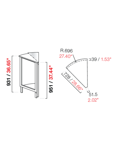 Curved angle 45° - Flat setup - Dimensions cm...