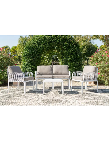 Polypropylene and fiberglass set - Two armchairs - Sofa 2 seats - Table cm 62 x 62