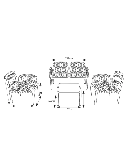 Polypropylene and fiberglass set - Two armchairs - Sofa 2 seats - Table cm 62 x 62