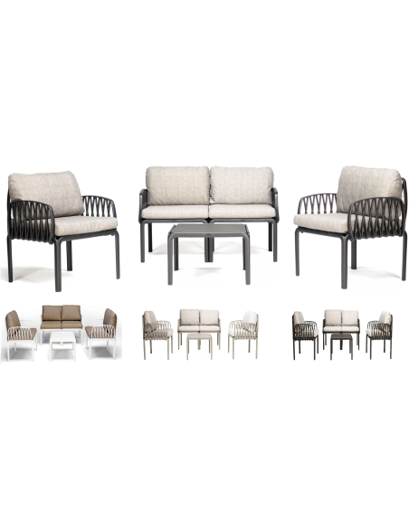 Polypropylene and fiberglass set - Two armchairs - Sofa 2 seats - Table cm 62 x 62