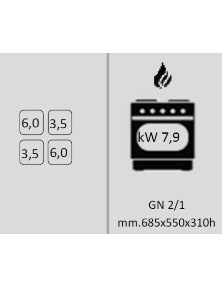 Cucina a gas 4 fuochi con forno gas - Potenza bruciatori 2 kW 3.5 + 2 kW 6 - Cm 80 x 70 x 85 h