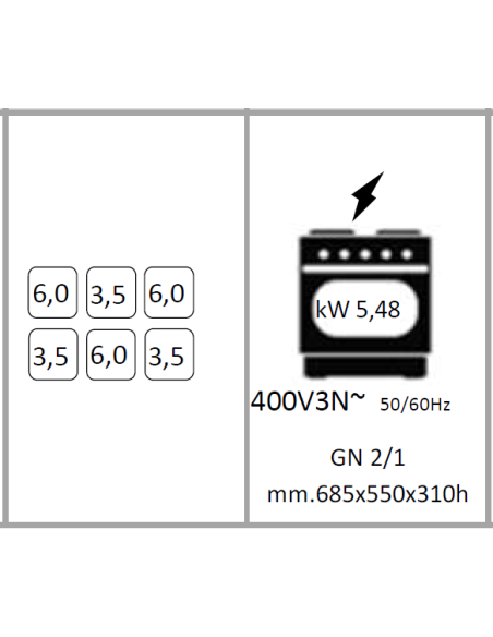 Cocina de gas 6 fuegos con horno eléctrico - Potencia quemadores 3 kW 3.5 + 3 kW 6 - Cm 120 x 70 x 85 h