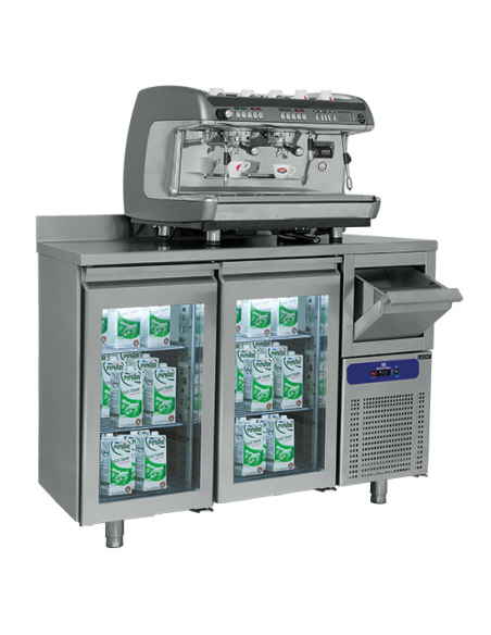 Tavolo refrigerato con 2 porte in vetro GN 1/1 con tramoggia battifondi e alzatina Tavolo refrigerato con 2 porte in vetro GN 1/1 con tramoggia battifondi e alzatina