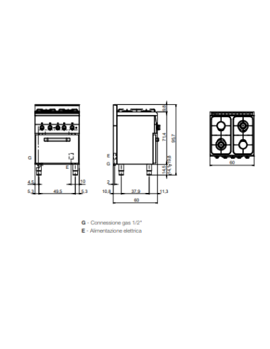 Cucina a gas con 4 fuochi - Forno elettrico - cm 60 x 60 x 85 h