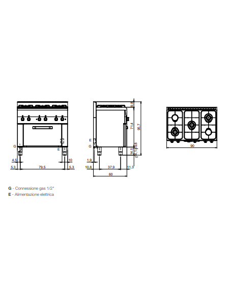 Cocina de gas con 5 quemadores - Horno eléctrico - cm 90 x 60 x 85 h Cocina de gas con 5 quemadores - Horno eléctrico - cm 90 x 60 x 85 h