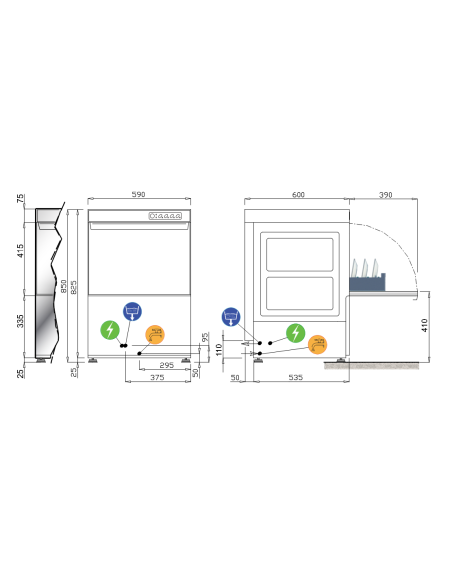 Basket washer cm 50 x 50 - Diameter plates cm 34.5 - Height glasses cm 32 - Three-phase - Cm 59 x 60 x 85 h