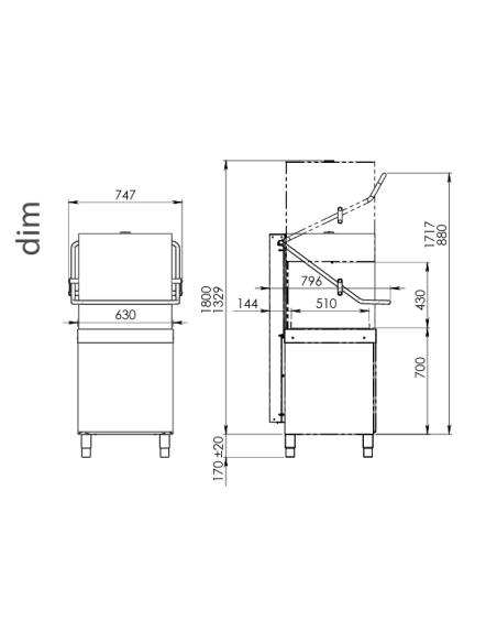 Dishwasher basket cm 50 x 50 - Max height Dishes cm 42 - Cm 64.5 x 71 x 149 h