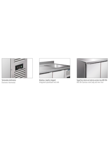 Mesa refrigerada 3 puertas - Fregadero - cm 202 x 70 x 96 h