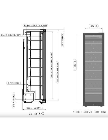 Refrigerated display case glass door - temperature +1° +9°C - Cm 59 x 64 x 204.3 h