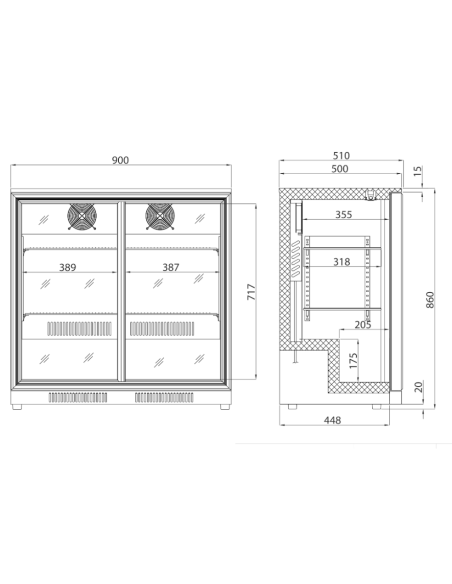Refrigerated Back Bar Display Case - N. 2 sliding doors - temperature -1° +7°C - Cm 90 x 50 x 86 h