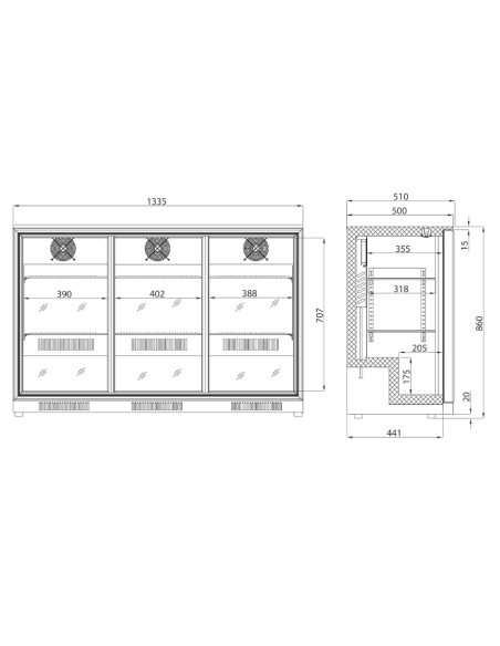 Refrigerated Back Bar Display Case - N. 3 sliding doors - temperature -1° +7°C - Cm 133.5 x 50 x 86 h