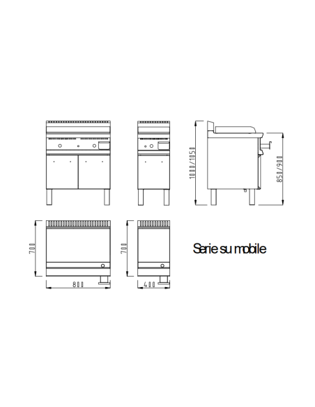 Cupboard gas frytop with ½ smooth ½ ridged double plate - cm 80 x 90 x 90 h