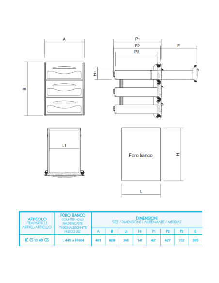 Chest of drawers 1/3 for Refrigerated counters and tables - Depth 43.1 - Hole cm 44.5 x 60.4 h