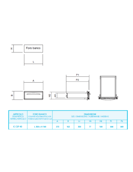 Service Drawer - Hole cm 35 x 14 h - with Rounded Corners - Depth cm 44.4