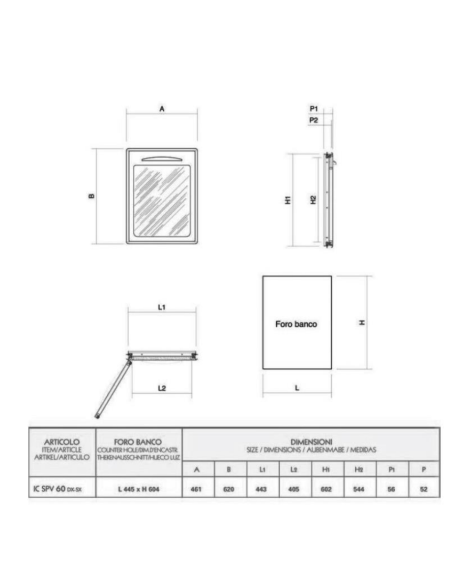 Puerta simple con cristal - Esquinas redondeadas y juntas magnéticas - Orificio cm 44,5 x 60,4 h