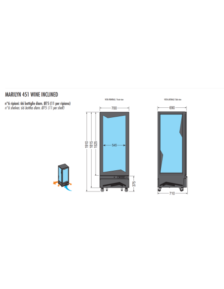 Espositore vini - Temperatura +4/+18°C - N°66 Bottiglie ø75 mm - cm 70.2 x 69 x191h