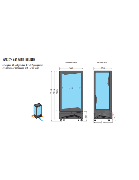 Espositore vini - Temperatura +4/+18°C - N°72 Bottiglie ø75 mm - cm 90.2 x 69 x191h
