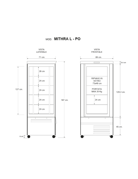 Pastry and ice cream display case with four-sided glass - Temperature +2 +10°C - cm 89 x 72 x 187 h