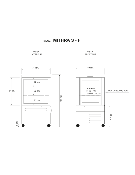 Vetrina pasticceria e gelateria con quattro lati vetro - Temperatura +2 +10°C - cm 69 x 72 x 128 h