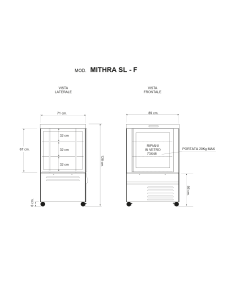 Pastry and Ice Cream Showcase with four-sided glass - Temperature +2 /+10°C - cm 89 x 72 x128 h