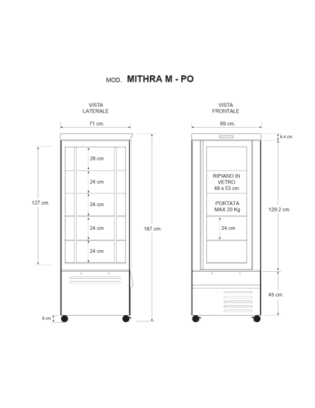 Vetrina pasticceria e gelateria con quattro lati vetro - Temperatura +2 +10°C - cm 69 x 72 x 187 h