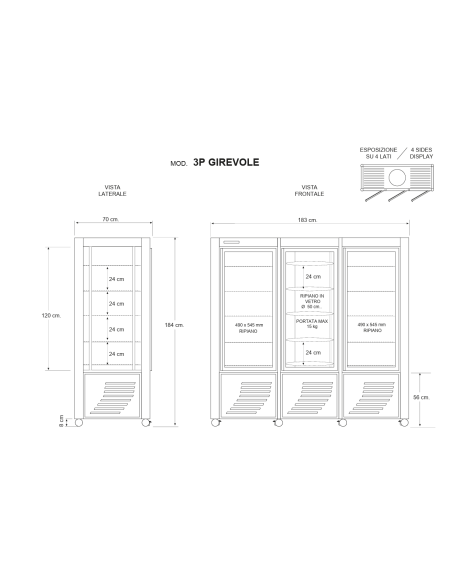 Vitrina refrigerada con cuatro lados de cristal - Temperatura +2 / +10°C - cm 183 x 70 x 184 h