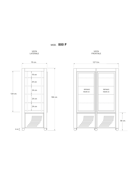 Vetrina refrigerata con esposizione su tutti i lati - Temperatura +2 / +10°C - cm 127 x 70 x 184 h