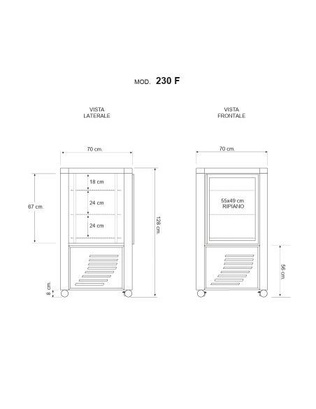 Vetrina refrigerata con esposizione su tutti i lati - Temperatura +2 / +10°C - cm 70 x 70 x 128 h