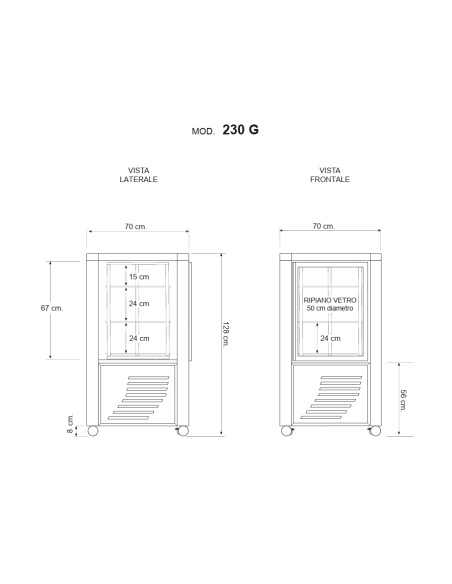 Vetrina refrigerata con esposizione su tutti i lati - Temperatura +2 / +10°C - cm 70 x 70 x 128 h