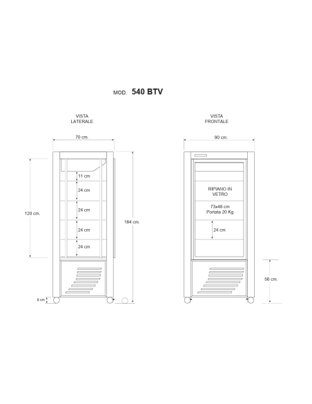 Pastry Showcase with display on all sides - Temperature -5 / -21 °C - cm 90 x 70 x 184 h