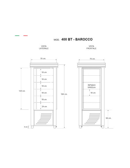 Vetrina per Pasticceria con esposizione su tutti i lati - Temperatura -5 / -20 °C - cm 75 x 75 x 186 h
