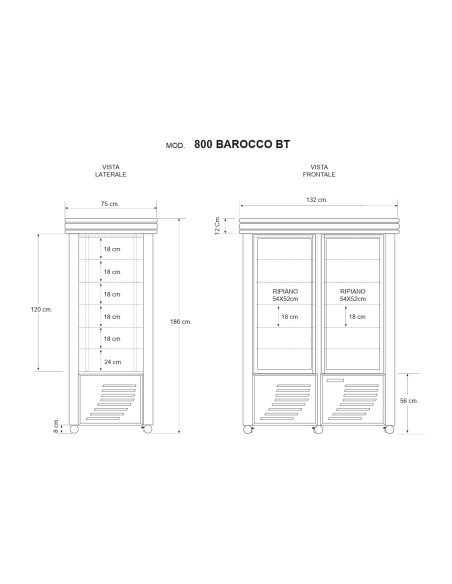 Pastry Showcase with display on all sides - Temperature -5 / -20° C - cm 132 x 75 x 186 h