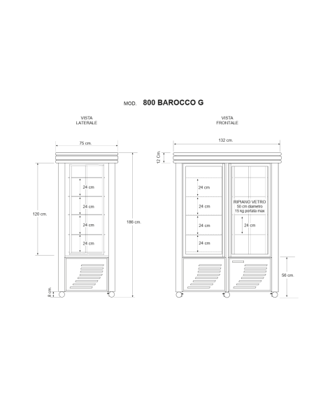 Vitrina refrigerada con exposición en todos los lados - Temperatura +2 / +10°C - cm 132 x 75 x 186 h