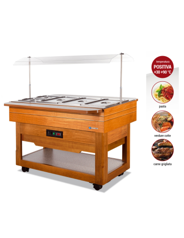 Wooden hot buffet display with fixed cover -...