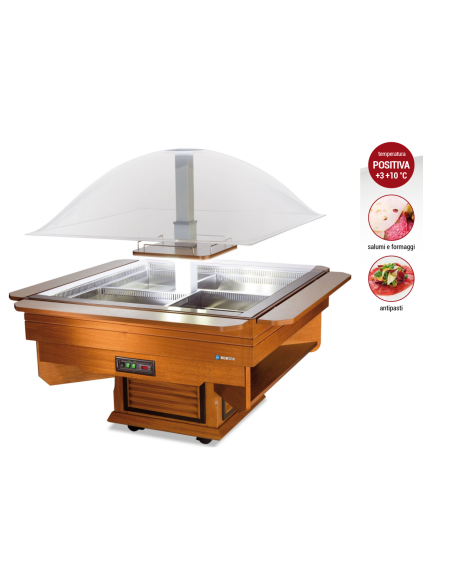 Wooden buffet island with electric dome and shelves - Temperature +3 / +10 °C - cm 172 x 172 x 170 h