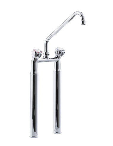 Two-hole faucet with extensions, swivel spout, with round handles. Spout length: 25 cm