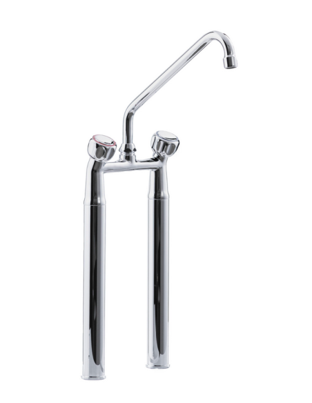 Two-hole faucet with extensions, swivel spout, with round handles. Spout length: 25 cm