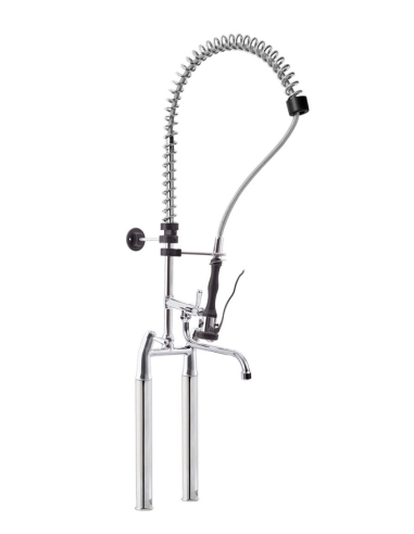 Two-hole shower mixer with extensions, lever handles, swivel spout, and hand shower. Fixed center distance: 15.5 cm