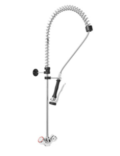 Single-hole prewash shower assembly with round handles...