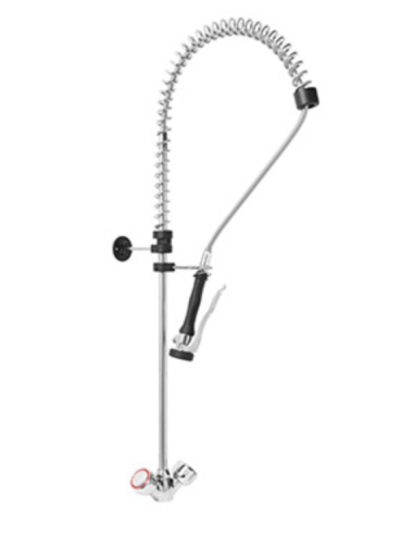 Single-hole prewash shower assembly with round handles and hand shower